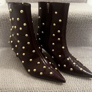 River Island Chocolate Brown Ankle Boots with Gold Studs